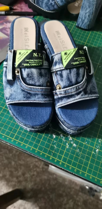 Denim Letter‑Patch Wedge Slide Sandals