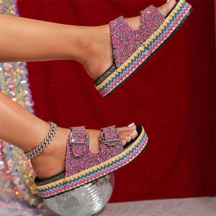 Classic Double-Buckle Diamond Slide Sandals
