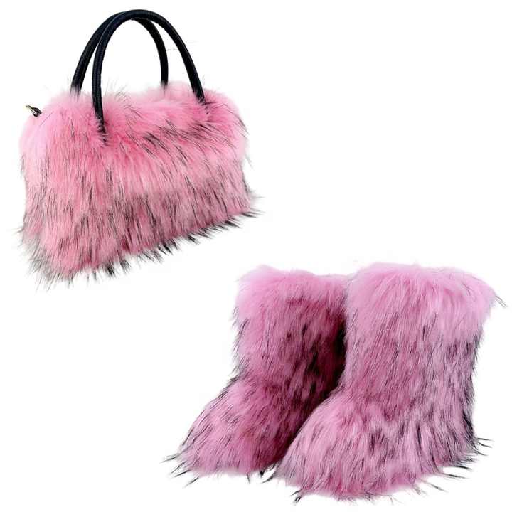 Mid-Calf Snow Boots with Matching Fur Satchel