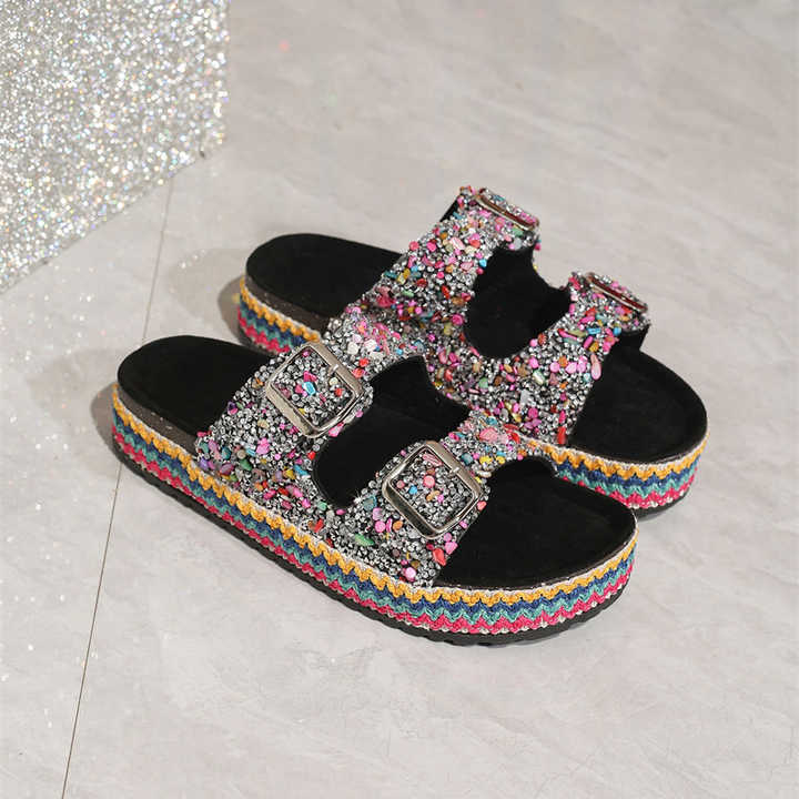 Classic Double-Buckle Diamond Slide Sandals