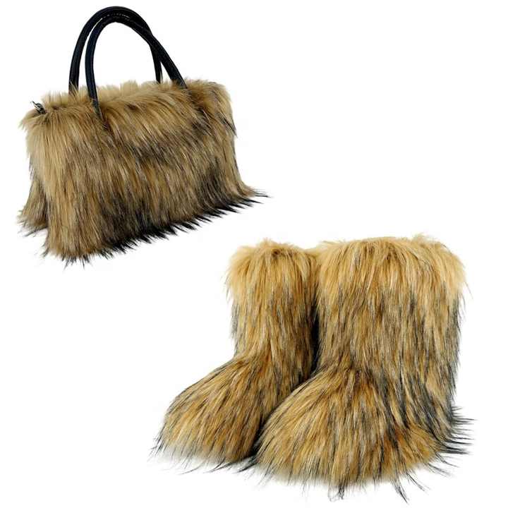 Mid-Calf Snow Boots with Matching Fur Satchel
