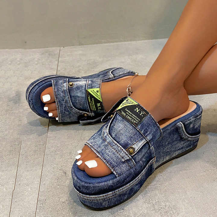 Denim Letter‑Patch Wedge Slide Sandals