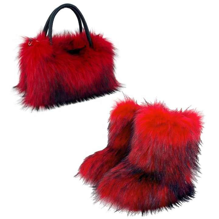 Mid-Calf Snow Boots with Matching Fur Satchel