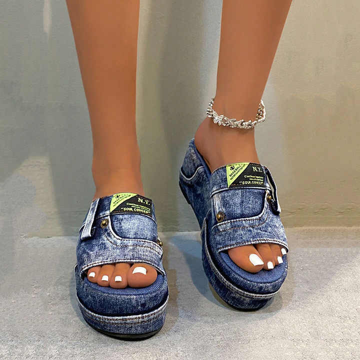 Denim Letter‑Patch Wedge Slide Sandals