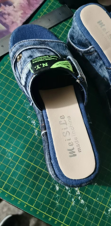 Denim Letter‑Patch Wedge Slide Sandals