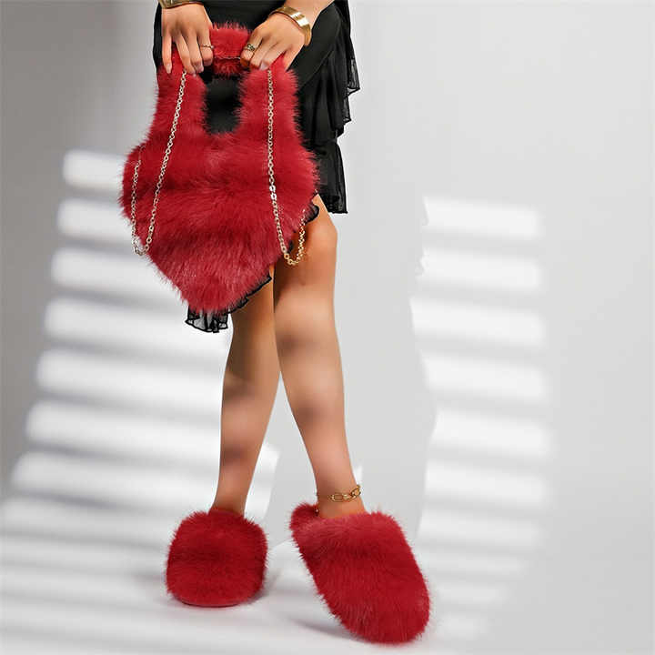 Faux Fox Fur Handbag & Slippers Set