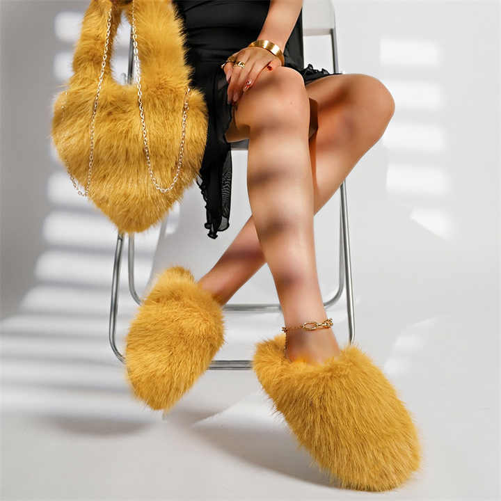 Faux Fox Fur Handbag & Slippers Set