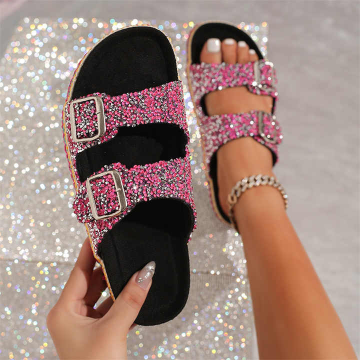 Classic Double-Buckle Diamond Slide Sandals