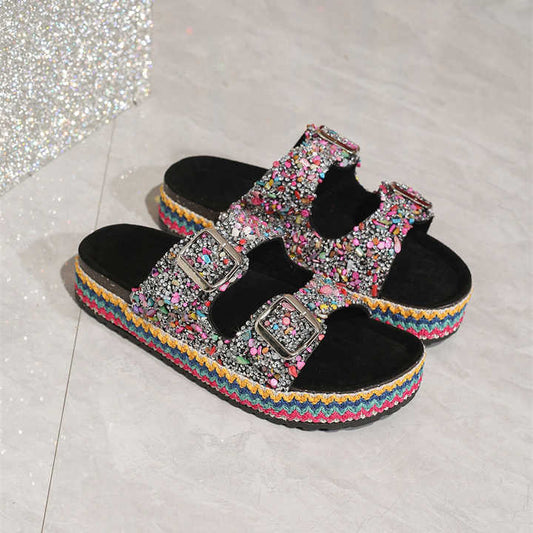 Classic Double-Buckle Diamond Slide Sandals