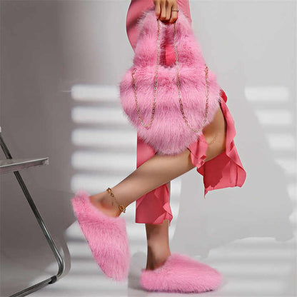 Faux Fox Fur Handbag & Slippers Set