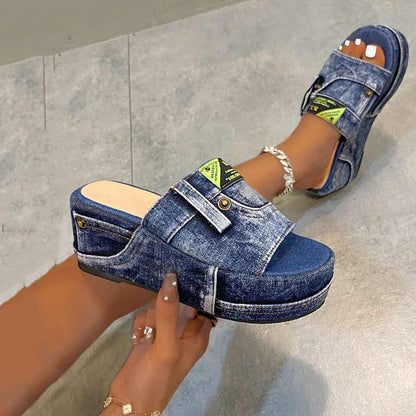 Denim Letter‑Patch Wedge Slide Sandals