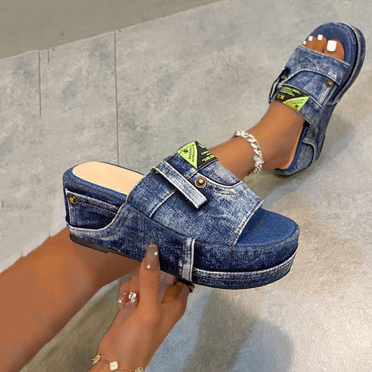 Denim Letter‑Patch Wedge Slide Sandals