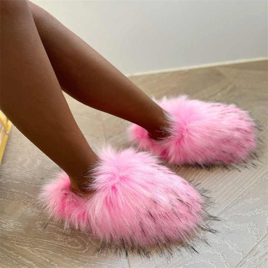 Women’s Round Toe Raccoon Fur Slides