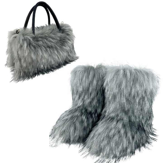 Mid-Calf Snow Boots with Matching Fur Satchel